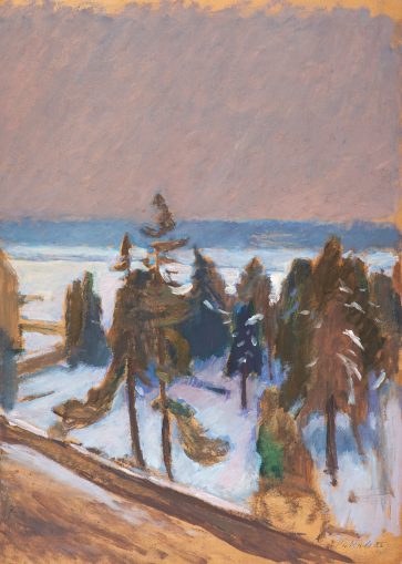 Egon Pukall, Friedhof im Schnee, 1985, Öl auf Karton, 58 x 40 cm